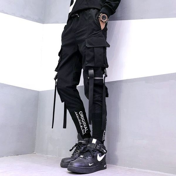 

hip hop men ribbons cargo pants fashion harajuku 2020 new elastic waist casual streetwear mens joggers trousers black
