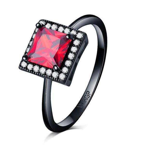 

18kgp stamp 18k black gold filled women party rings with red ruby zircon square crystal ring fit suit for girls fine jewelry, Slivery;golden