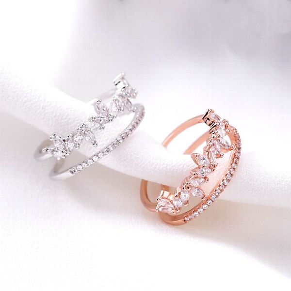 

micro pave zircon double layer rings for women personality rhinestone open ring fashion jewelry adjustable rose gold-color bijou, Golden;silver