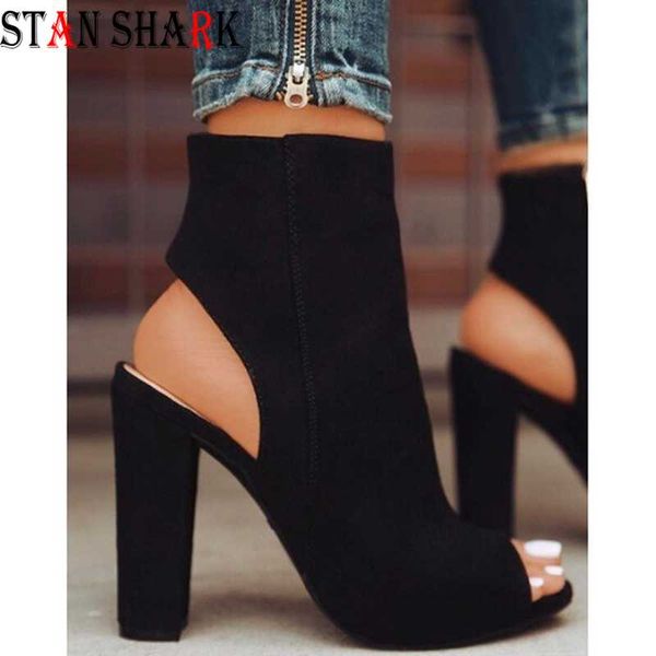 

ankle boots faux suede leather casual open peep toe high heels zipper fashion square rubber black shoes for women plus size 43