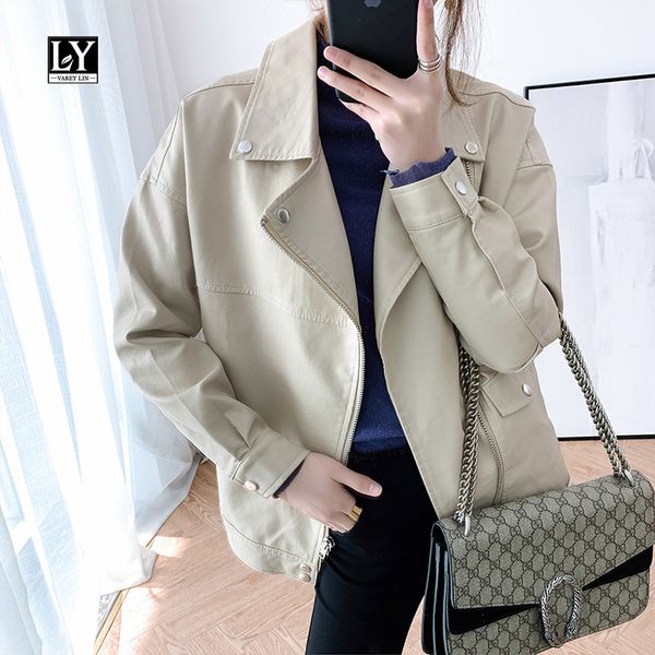 

ly varey lin 2020 new spring autumn women leather jackets tailored collar biker short pu short jacket casual oversized outerwear, Black