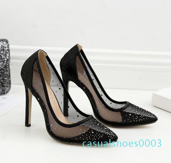 

luxury bridal wedding shoes meshy rhinestone pointed pumps fashion luxury designer women shoes nude silver size 35 to 40 c03, Black