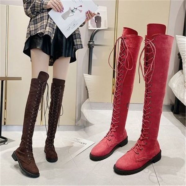 

new women's shoes over the knee boot lace up slim thigh round toe long thigh boots fashion square heel bota feminina plus 34-43, Black