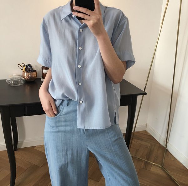 

korean chic retro lapel shirt loose and versatile cool thin tencel short sleeve women, White