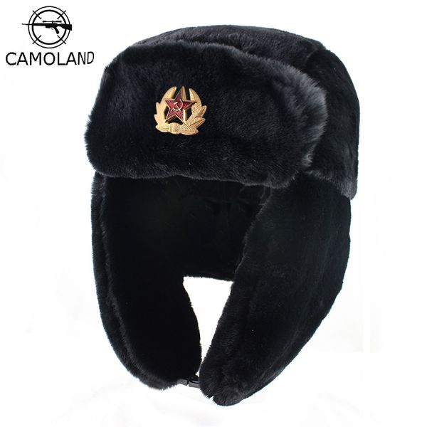 CAMOLAND Sowjetischer Trapper Trooper Hut Herren Armee Militär Russische Uschanka Bomber Hut Winter Warme Mützen Pilot Faux Kaninchenfell Ohrenklappe T200718