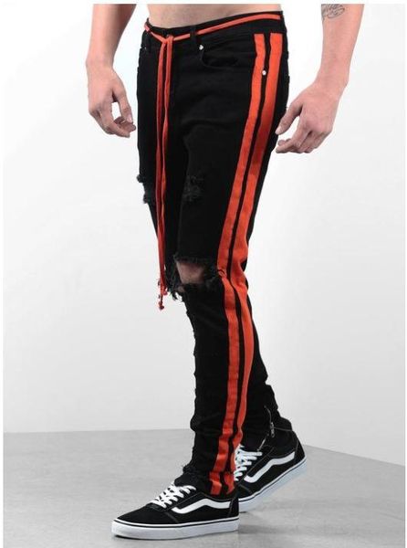 

2019 new streetwear hiphop personality men jeans side zipper ripped fashion male destroyed skinny 4 colors striped denim pants t200410, Black
