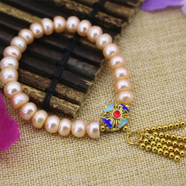 

2 style 9-10mm natural orange pearl abacus beads bracelet bangle for women tassels gold-color cloisonne jewelry 7.5inch b3098, Black