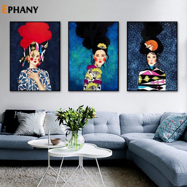 

abstract wall art canvas painting long hair girl flower nordic posters and prints vintage pictures for living room home decor