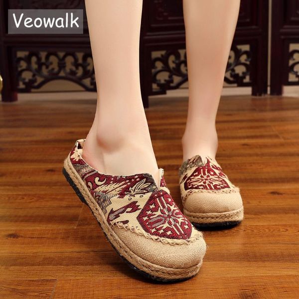 

veowalk handmade women harajuku shoes close toe slippers vintage geometry embroidery casual comfort summer shoes for ladies, Black