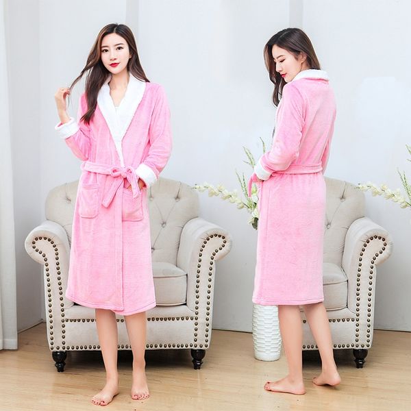 

2020 winter new flannel women's home clothes and bath home wear coral fleece robe bathrobe robe, Blue;red