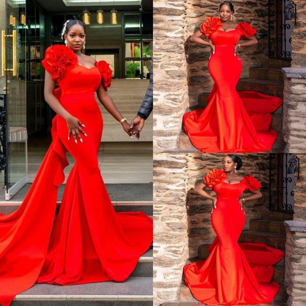 Plus Size Red sereia Vestidos trem da varredura Ruffles Manga Formal Prom Vestidos Handmade Preto Meninas Ocasiões especiais Vestido