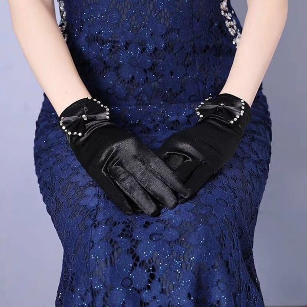 

women satin short wedding gloves rhinestone jewelry bowknot flapper party bridal full finger mittens, White
