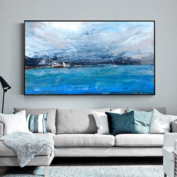 

hand-painted blue sea blue sky living room porch decorative oil painting modern abstract atmosphere high-end art painting customization