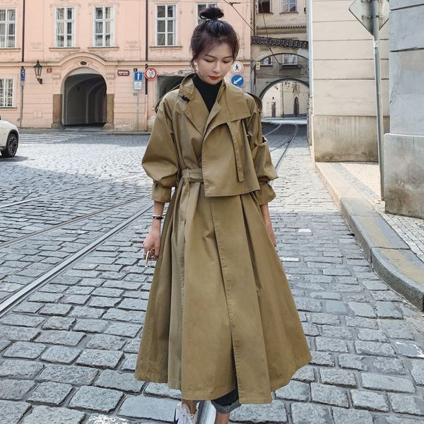 

women's mid-length trench windbreaker coat 2020 new spring and autumn dark over-knee young british popular coat coat, Tan;black
