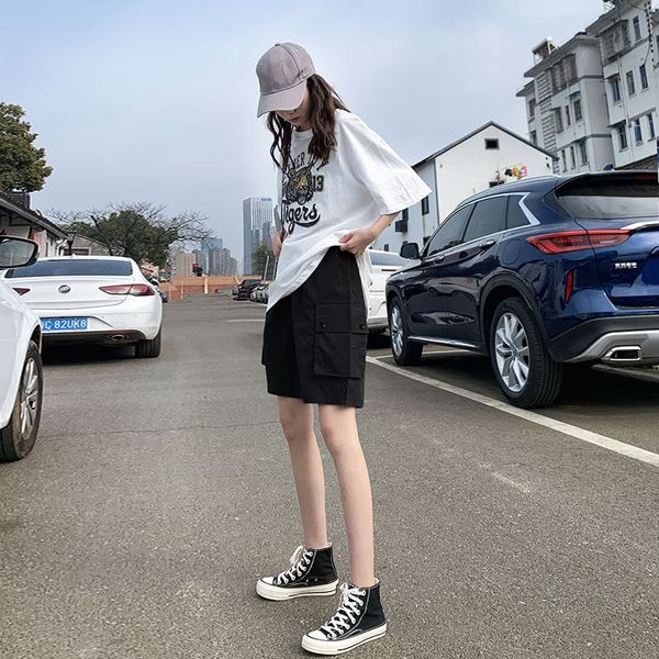 

women's pants & capris fashion ins five-point tooling loose 2021 summer thin high waist 5-point casual sports, Black;white