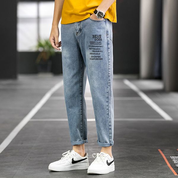 

pants men's cropped jeans trend brand summer thin straight tube loose trend korean versatile light color casual pants, Blue