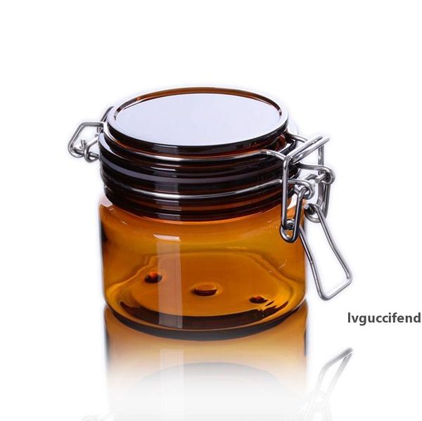 

wide mouth pet sealed jars amber clear cylindrical cosmetic containers flip-jar with stainless steel locking buckle and inner caps