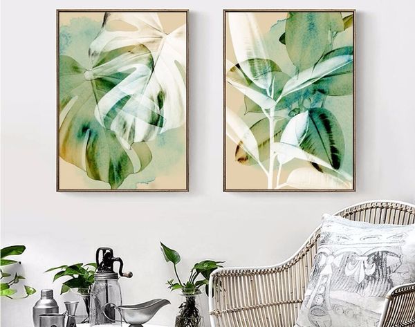 

watercolor nordic tropical green plant leaves light and shadow art canvas poster painting modern wall picture home decoration