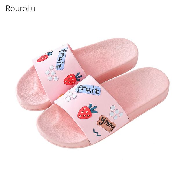 

rouroliu 2020 женщины милые фрукты тапочки крытый пара обуви non-slip ванной слайды летний пвх шлепанцы, Black