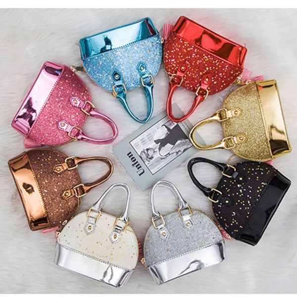 

children mini kids handbags fashion baby girl glitter sequin messenger bag shell shape shoulder bags with chain, Black