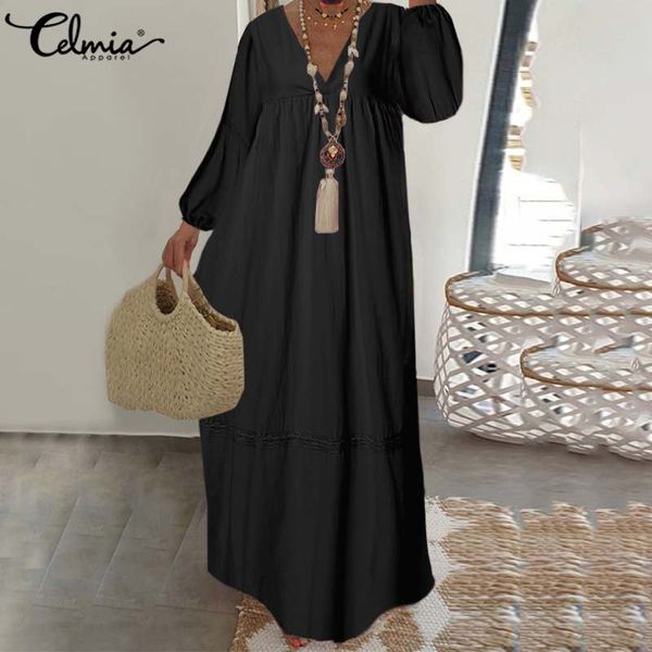 

bohemian lantern sleeve dress celmia autumn women's fashion lace maxi long vestidos robe casual v-neck loose ruffles dress, Black;gray