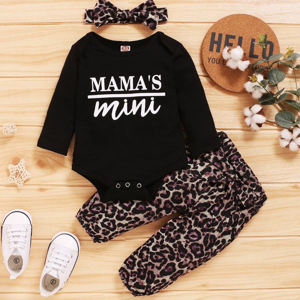 

clothing sets spring autumn born baby girl boy clothes long sleeve letter bodysuit leopard pants headband outfit set 0-18m, White