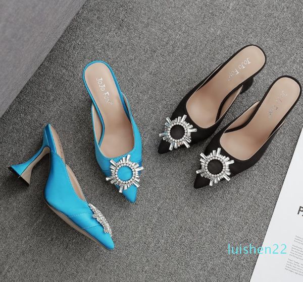 

size 35 to 41 fashion designer pumps 9cm black blue mules with crystal flower bridal wedding shoes l22