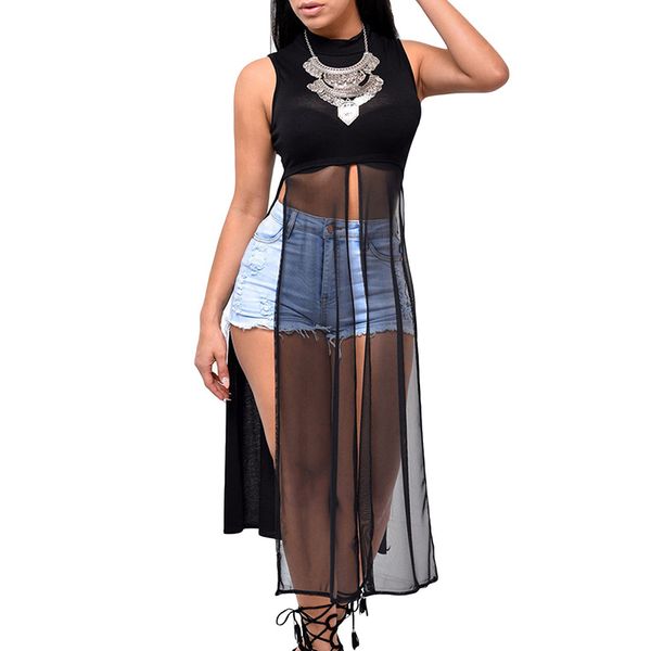 

casual dress summer new women's long elegant party slim sleeveless beach dress for female o-neck mesh split dresses black, Black;gray