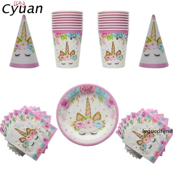 

cyuan birthday party disposable tableware set unicorn party paper plate cup napkin hat tablecloth kids happy birthday supplies