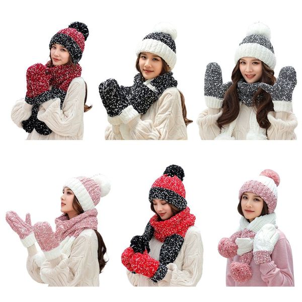 

3pcs women winter chunky cable knitted beanie hat scarf gloves set snowflake crochet contrast color pompom cuffed cap neck warm, Blue;gray