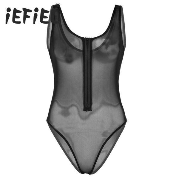 

women one-piece bodysuit see through sheer mesh deep u-neck sleeveless front zippered high cut teddy babydoll bodysuit, Black;white