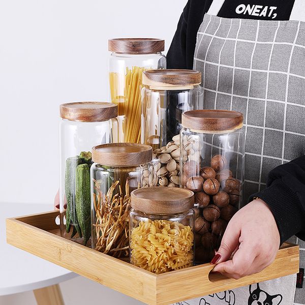 

gaopeng silicon glass storage bottle household kitchen acacia wood sealed storage jar sealed jar wholesale