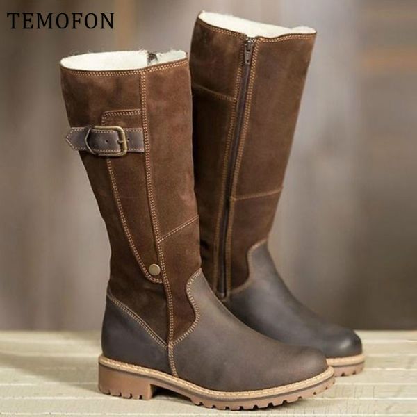 

temofon моды зимы над коленом boots женщины pu кожа длинные бедра высокие сапоги женщина мех низкий каблук зимой женские туфли hvt1382, Black