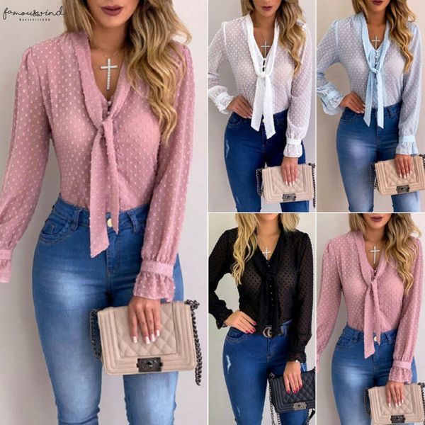 

formal women ladies mesh sheer long sleeve shirt blouse casual shirt ladies regular v neck bandage blouses clothing, White