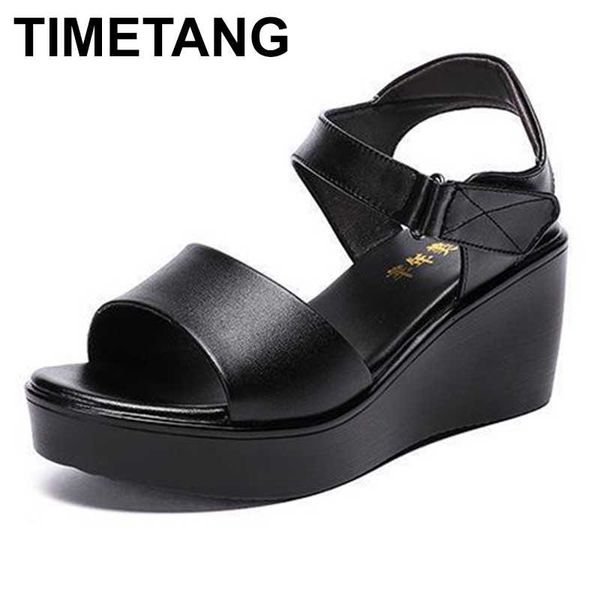 

timetang 2020 летние женщины клин сандалии 6cm средний каблук удобные сандалии платформы черный красный белый, Black