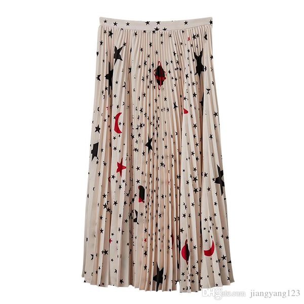 

2020 spring and summer fashion dress high waist bump color star-moon space print pleated full-length dress apricot black