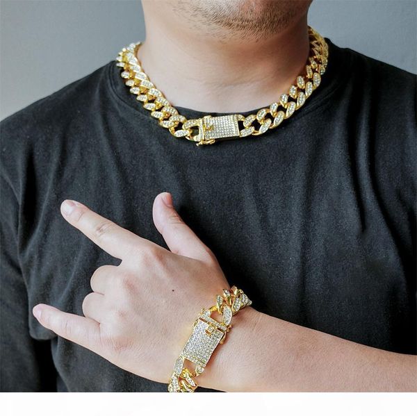 

e 20mm prong miami curb cuban chain link necklaces men 's full rhinestone clasp iced out hip hop bracelets set bling bling chains, Silver