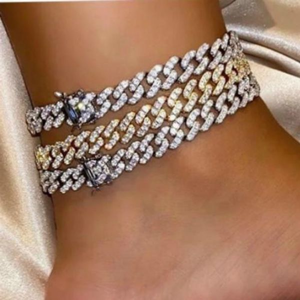 Echt vergoldetes Bling-Diamant-Fußkettchen für Damen mit kubanischen Gliederketten, Barfuß-Knöchelarmband, Iced Out-Kubikzirkonia-Panzerketten, Schmuck für Damen