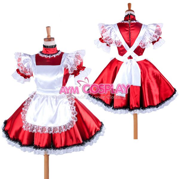 

lockable red-white satinsissy maid dress, Black;red