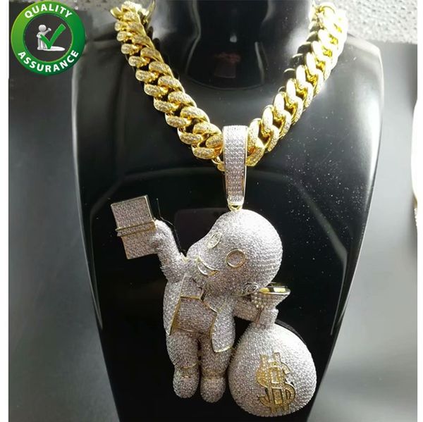 

iced out pendant hip hop bling chains jewelry men gold necklace luxury designer diamond cuban link cartoon mario money bag rapper dj charms, Silver