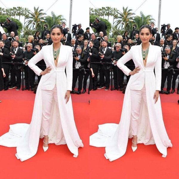 

elegant jumpsuit prom dresses deep v neck long sleeves celebrity evening gowns 2020 overskirt pant suit dubai evening dress muslim wear, Black;red