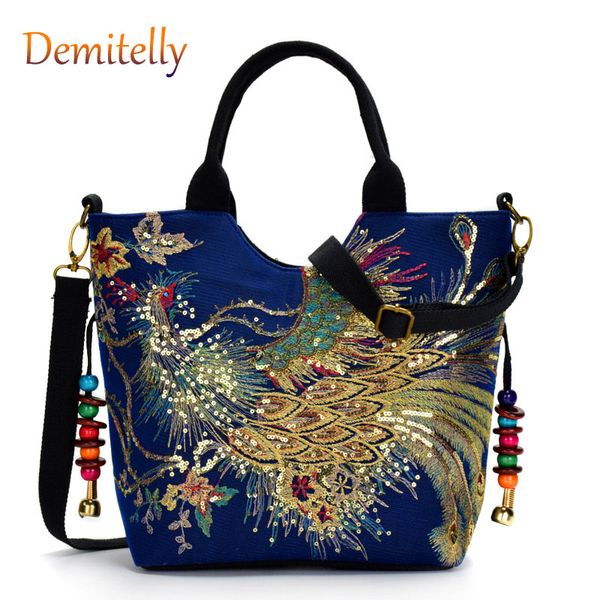 

fashionable peacock embroidered ladies handbag new color ethnic style large capacity shoulder bag luxury women's tote bag wallet