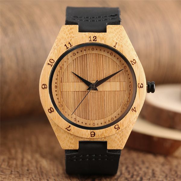 

classic wooden bamboo watch for men wood case clock black/brown leather strap quartz wristwatch relojes de hombre, Slivery;brown