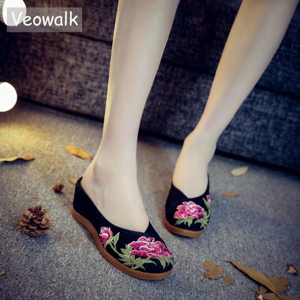 

veowalk hidden wedges med heels women linen embroidered slides slippers summer ladies casual comfort cotton shoes zapatos mujer, Black