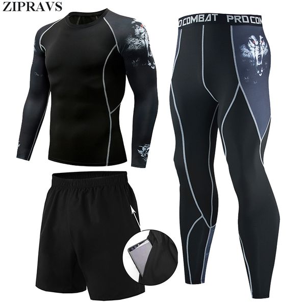 

zipravs brand men's wolf head 3 piece track suit gym fitness compression sports suit quick dry running sportswear fitness, Gray