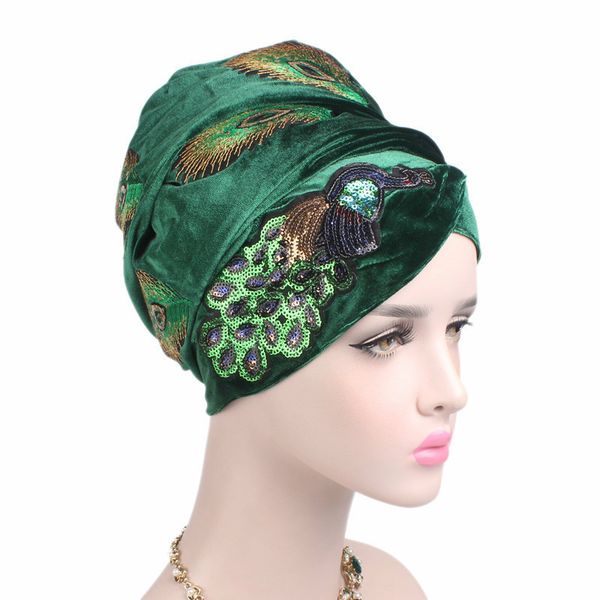 

women velvet scarf hats peacock sequins style turban long head wraps muslim fashion women's hijabs islamic head inner hijab cap, Red