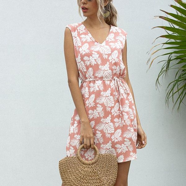 

women fashion v-neck floral plants print sleeveless bandage casual mini dress, White