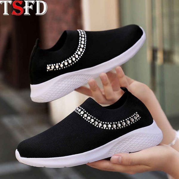 

mesh shoes women thick bottom female sneakers slip-on women's shoes leisure large sizes ladies flat footwear white sock f4, Black