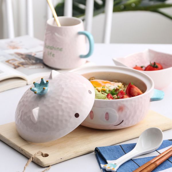 

kitchen series pink pig instant noodle bowl large capacity binaural ceramic rice bowl childrens anti-scalding noodle bowl food soup