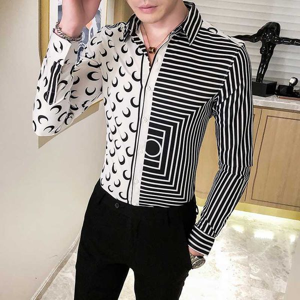 

british style spliced shirt men fashion men clothes 2020 autumn digital print striped shirts casual slim fit blouse homme, White;black